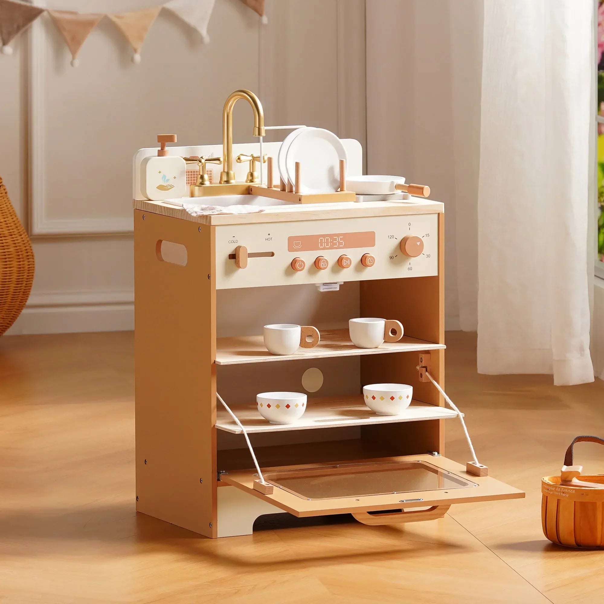 Kids Wooden Play Kitchen Full Set Apricot Montessori & Toys