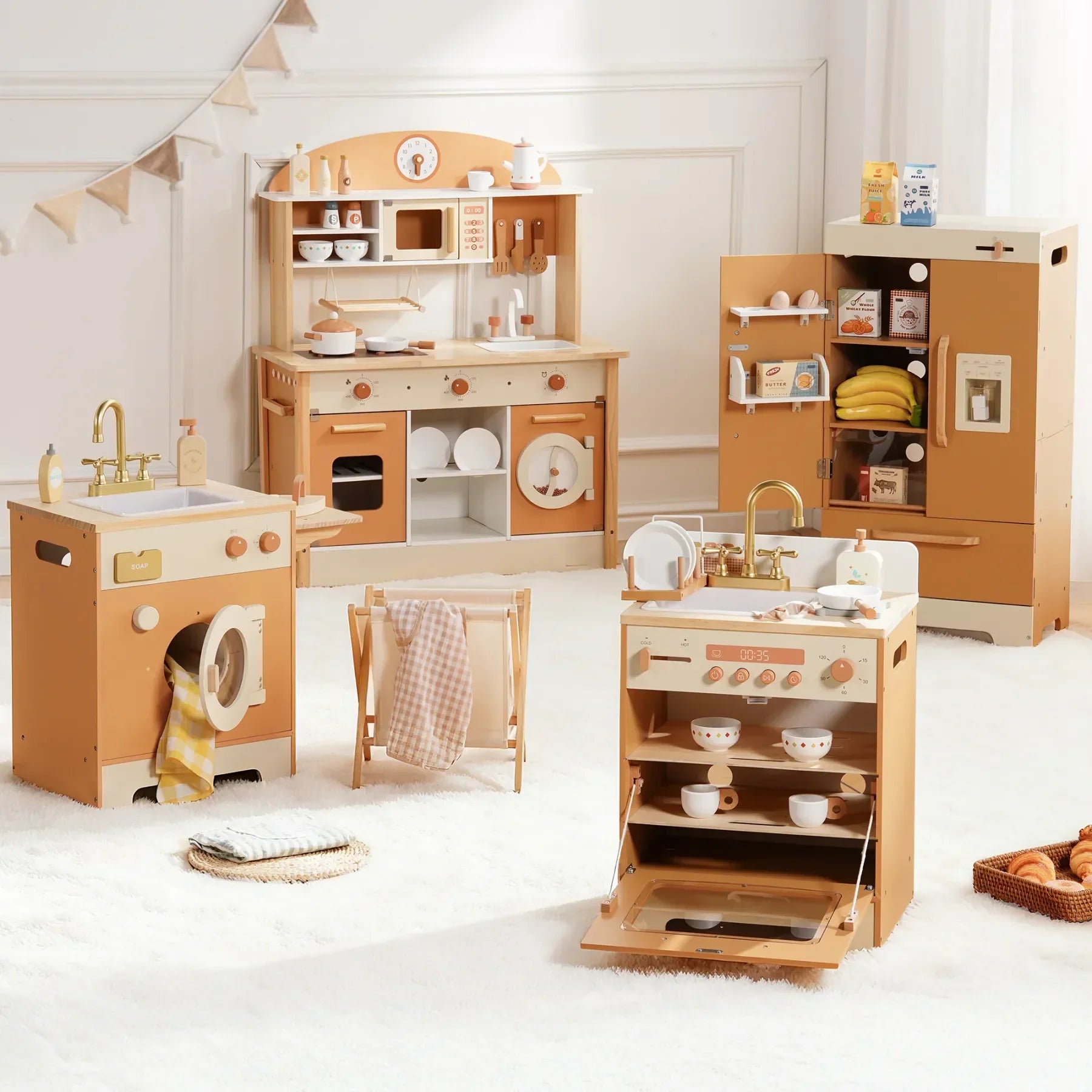 Kids Wooden Play Kitchen Full Set Apricot Montessori & Toys