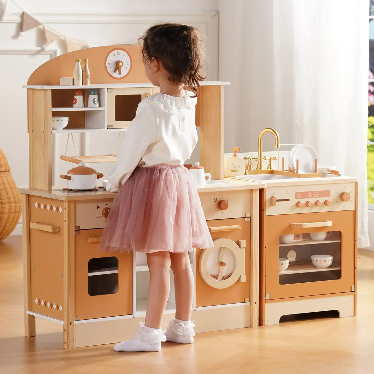 Kids Wooden Play Kitchen Full Set Apricot Montessori & Toys
