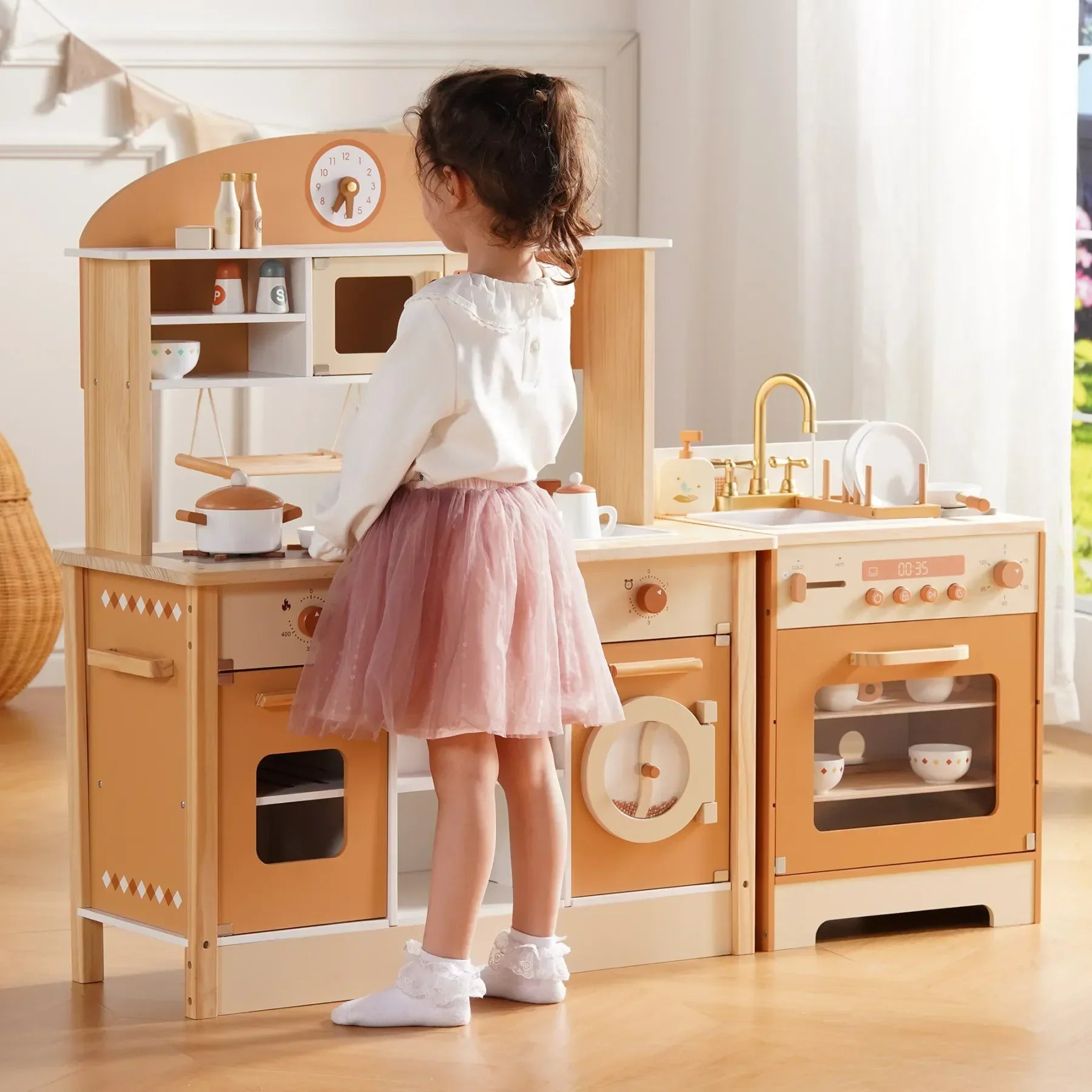 Kids Wooden Play Kitchen Full Set Apricot Montessori & Toys