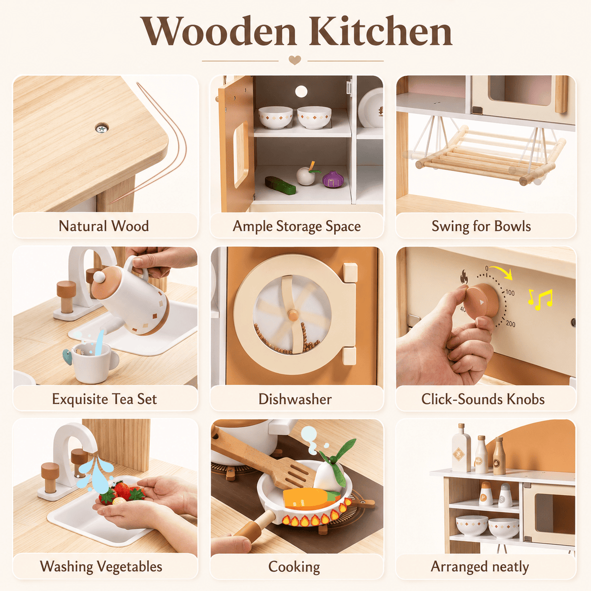 Kids Wooden Play Kitchen Full Set Apricot Montessori & Toys