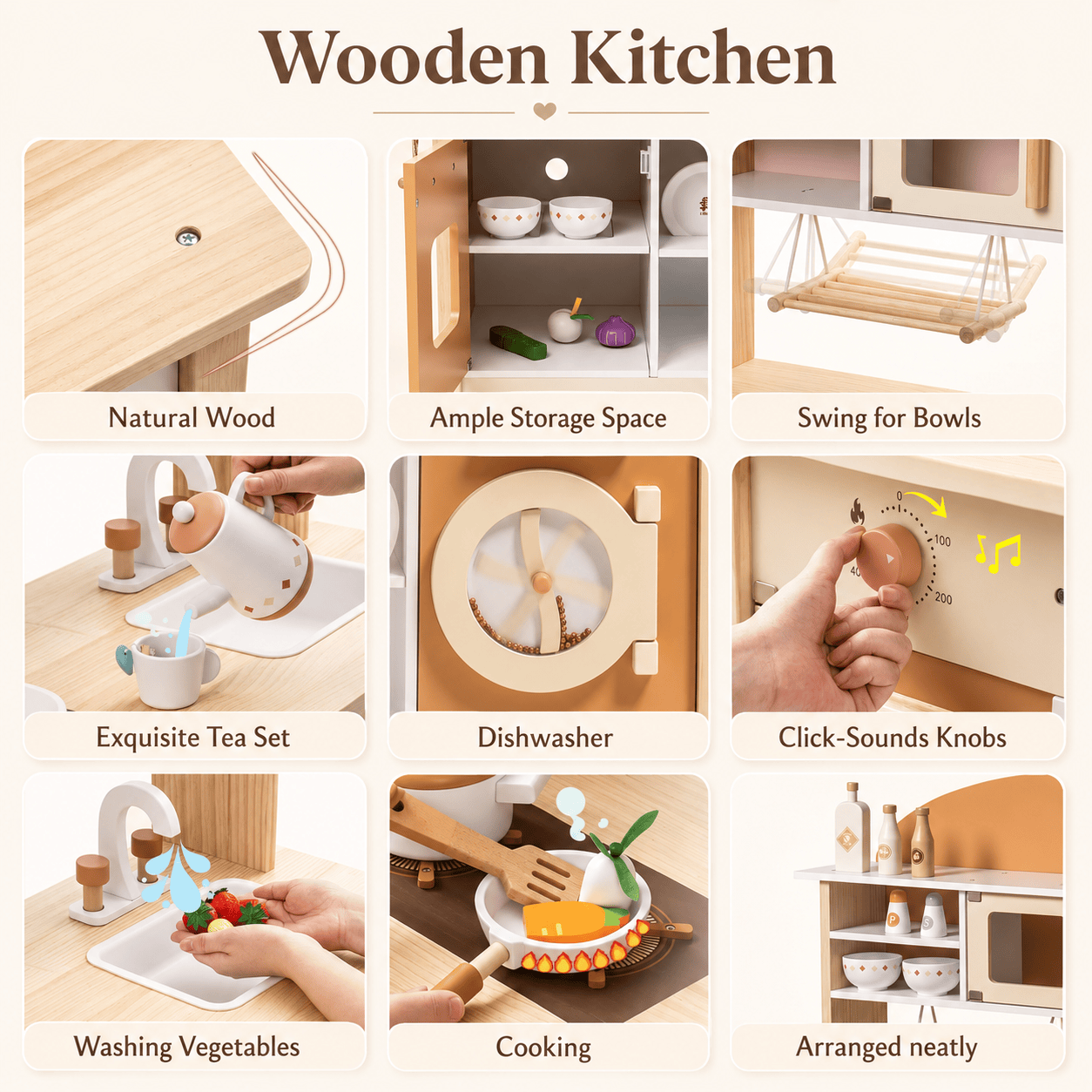 Kids Wooden Play Kitchen Full Set Apricot Montessori & Toys