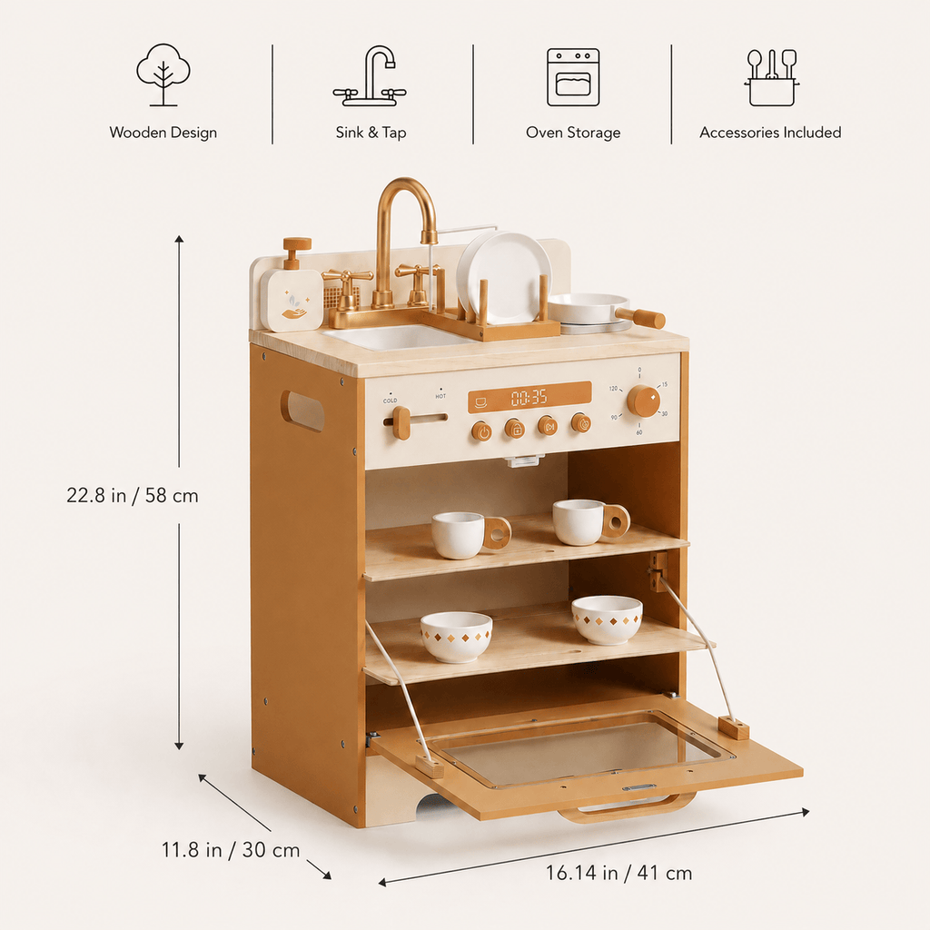 Kids Wooden Play Kitchen Full Set Apricot Montessori & Toys
