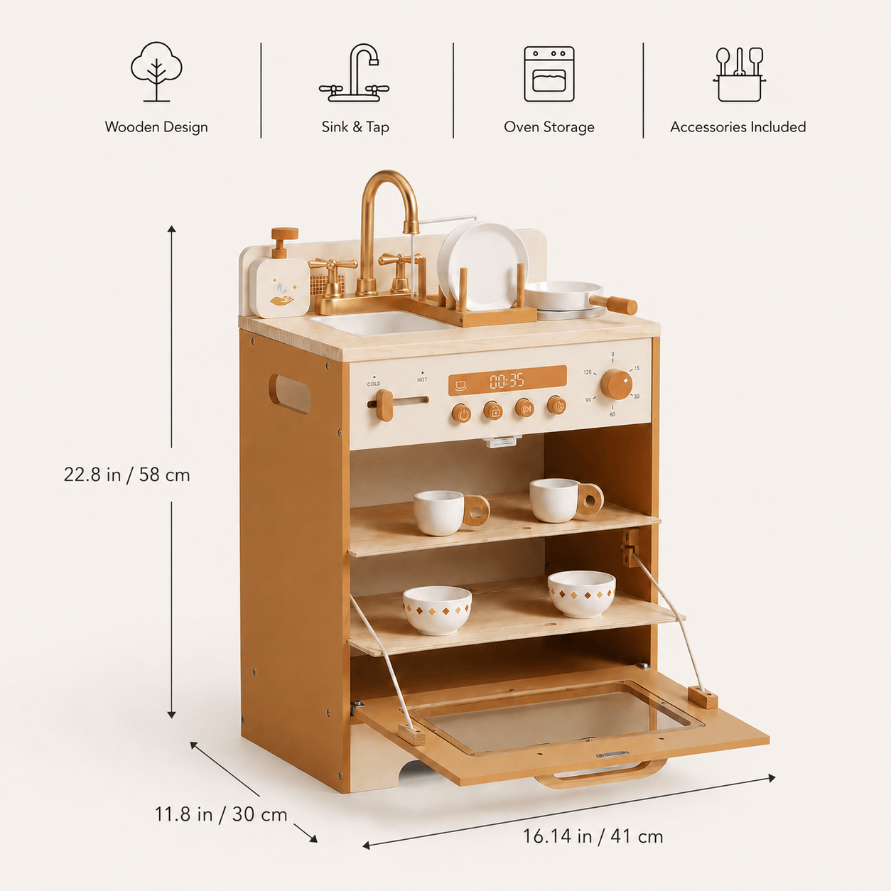 Kids Wooden Play Kitchen Full Set Apricot Montessori & Toys
