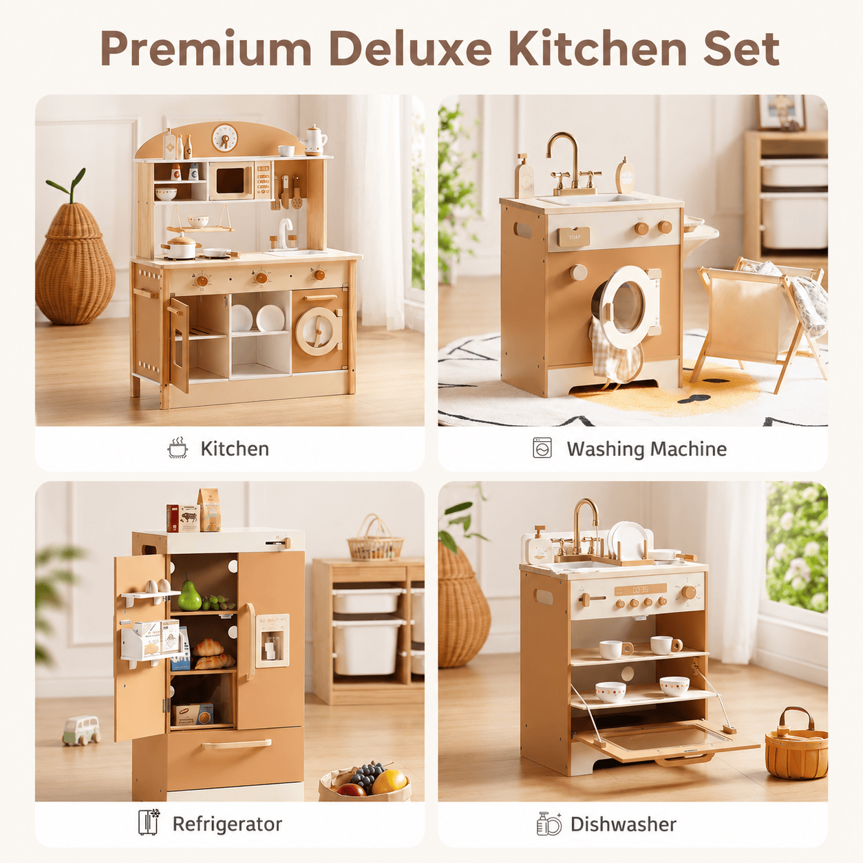 Kids Wooden Play Kitchen Full Set Apricot Montessori & Toys
