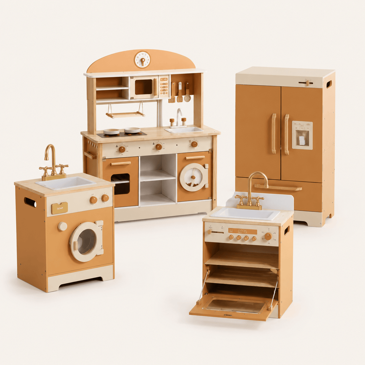 Kids Wooden Play Kitchen Full Set Apricot Montessori & Toys