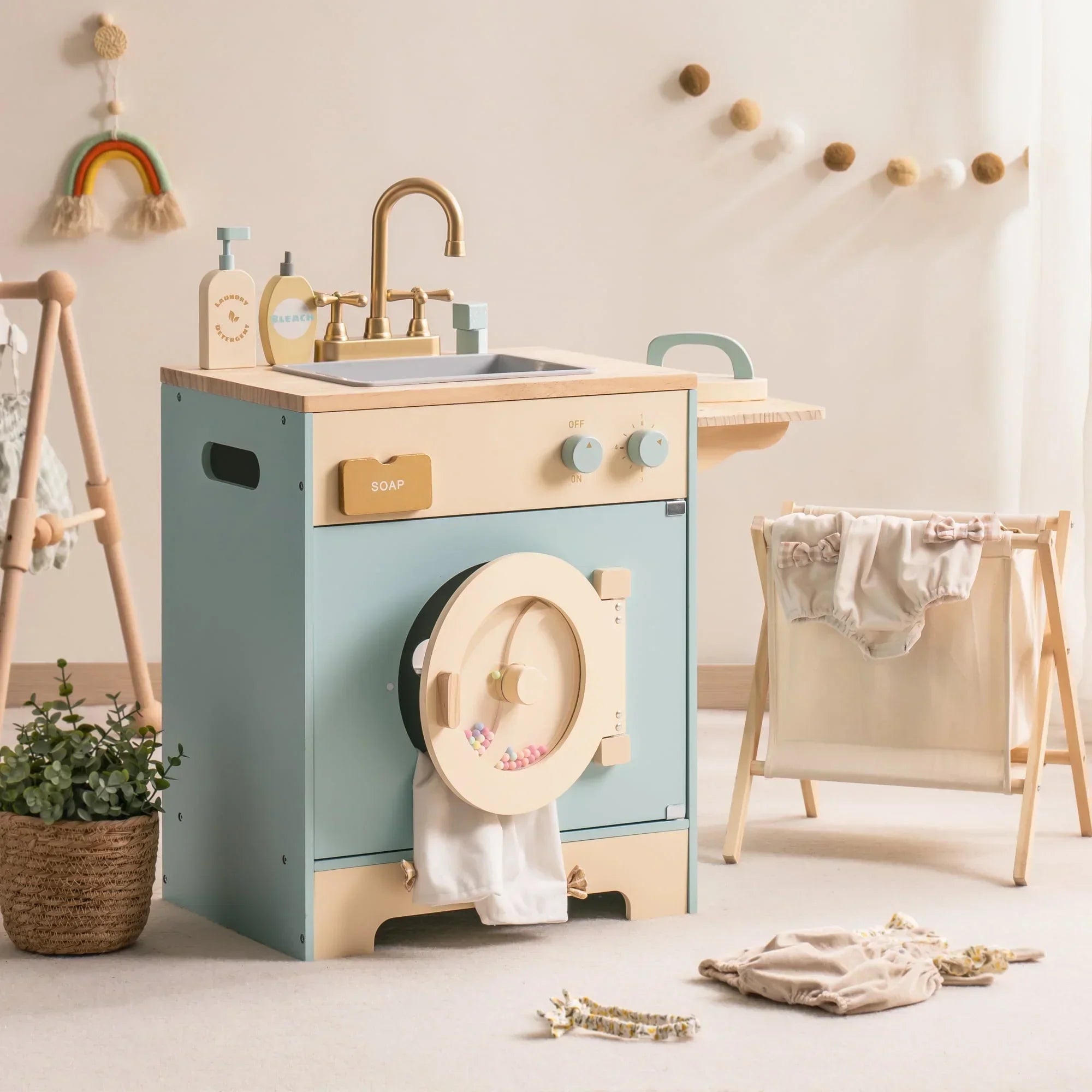 Kids Wooden Play Kitchen Full Set Blue Montessori & Toys