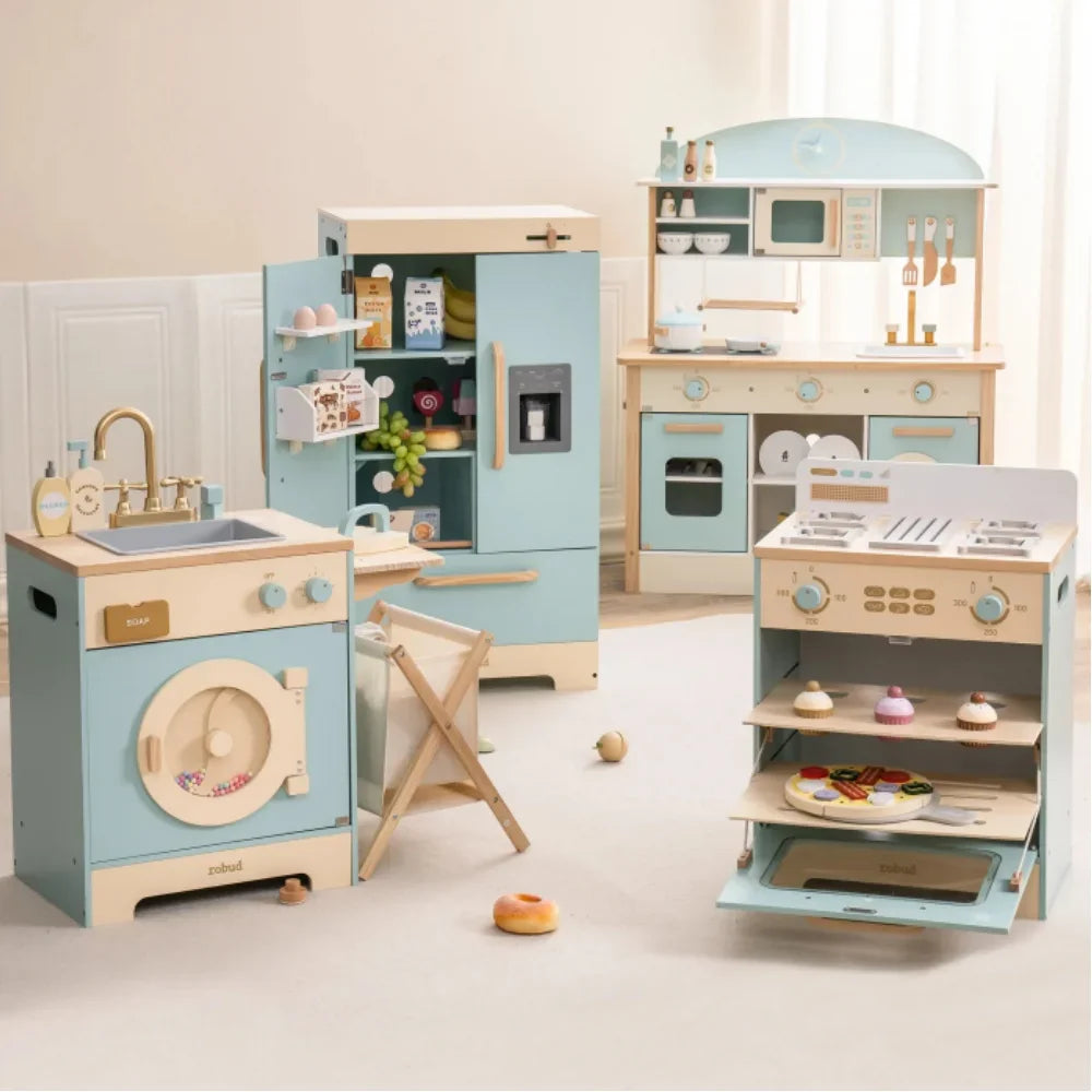 Kids Wooden Play Kitchen Full Set Blue Montessori & Toys