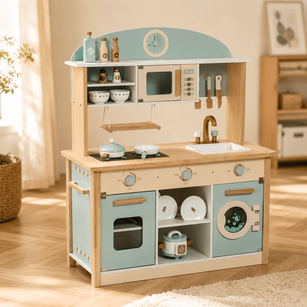 Kids Wooden Play Kitchen Full Set Blue Montessori & Toys