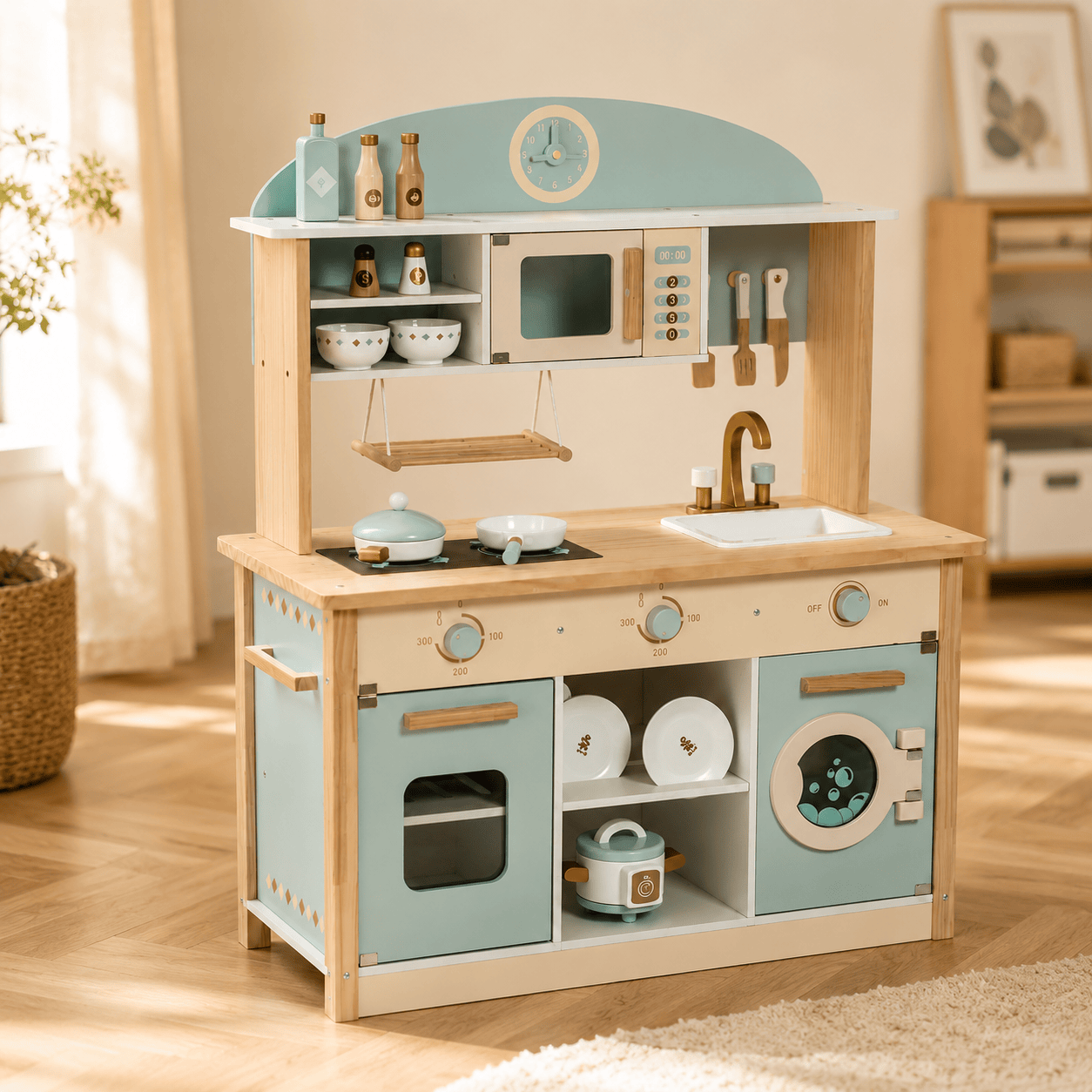 Kids Wooden Play Kitchen Full Set Blue Montessori & Toys