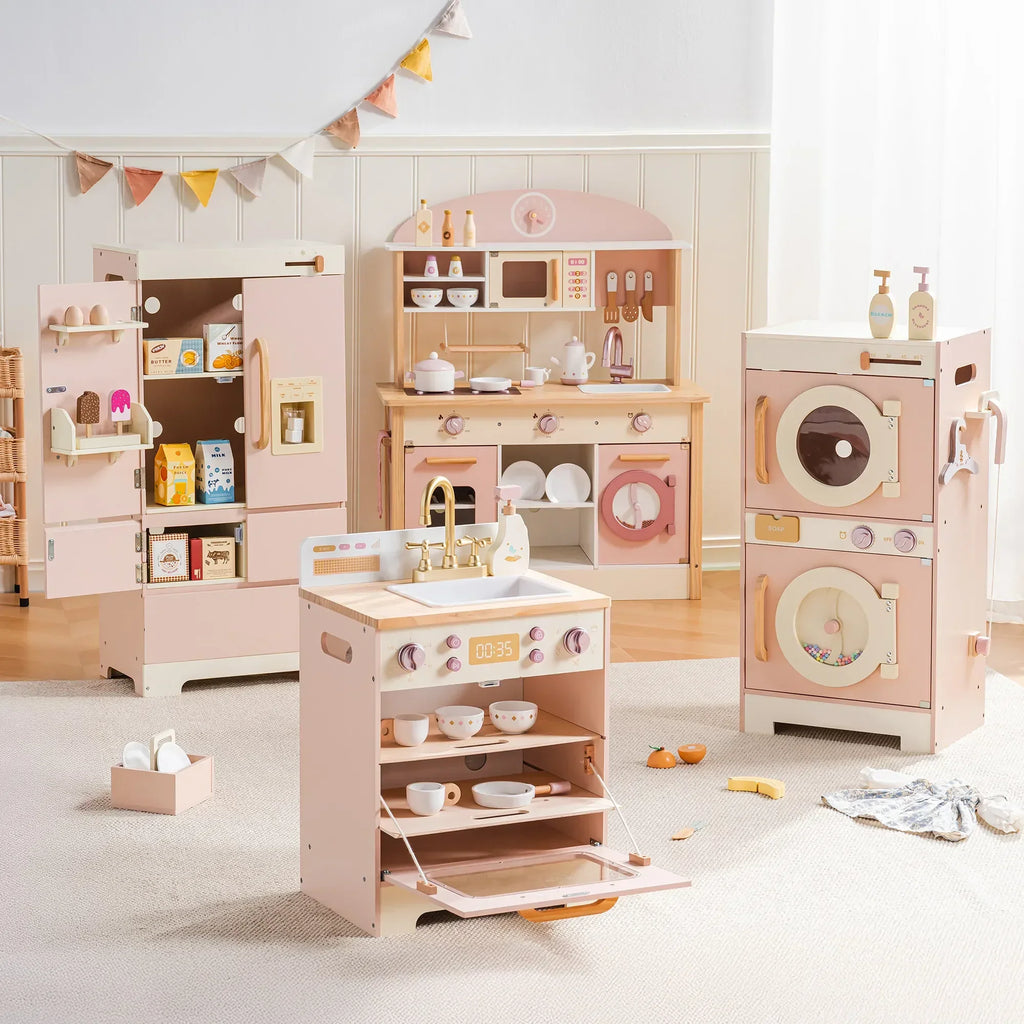 Kids Wooden Play Kitchen Full Set Pink Montessori & Toys