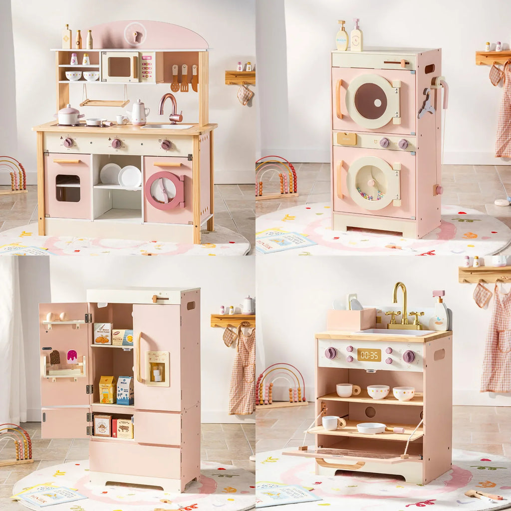 Kids Wooden Play Kitchen Full Set Pink Montessori & Toys