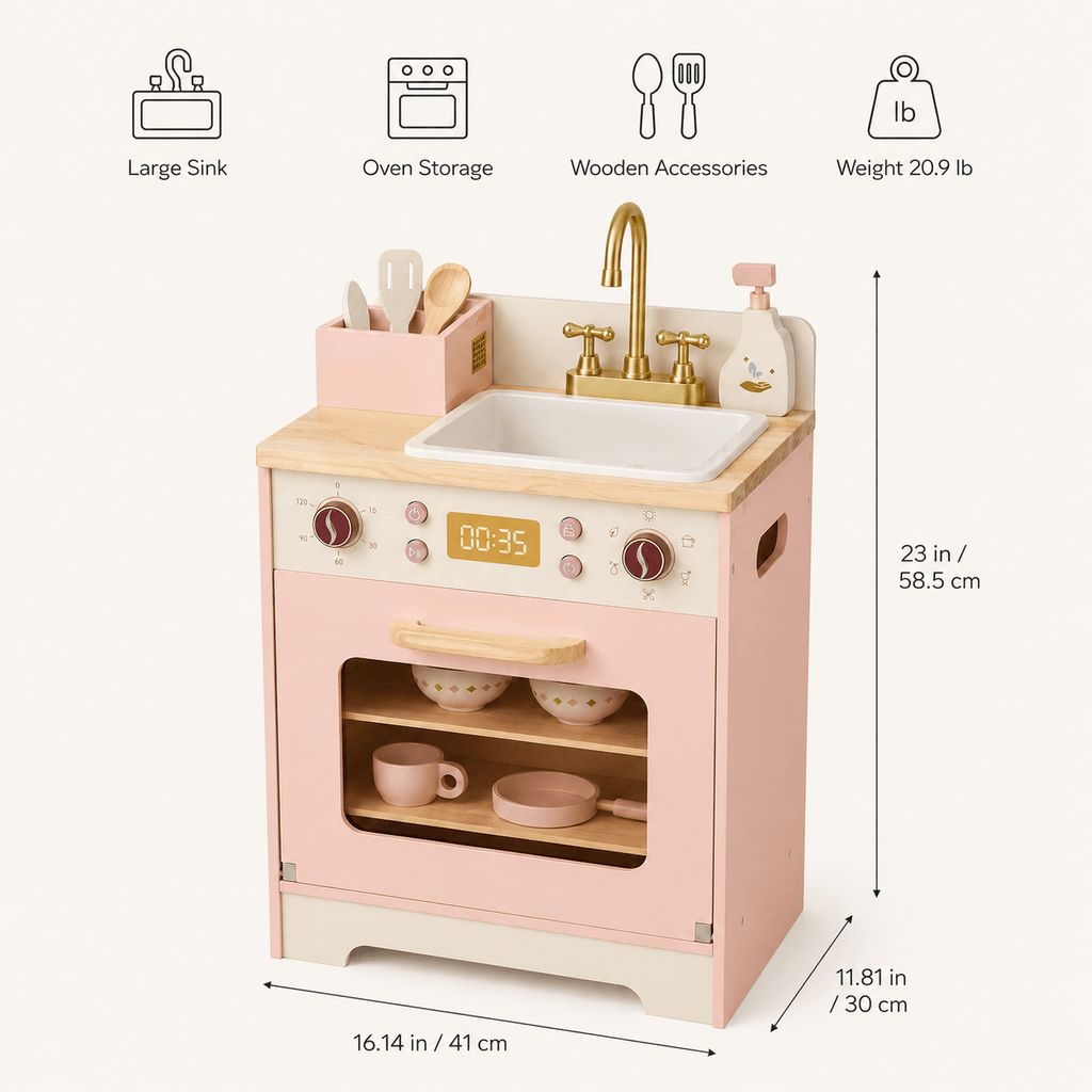 Kids Wooden Play Kitchen Full Set Pink Montessori & Toys
