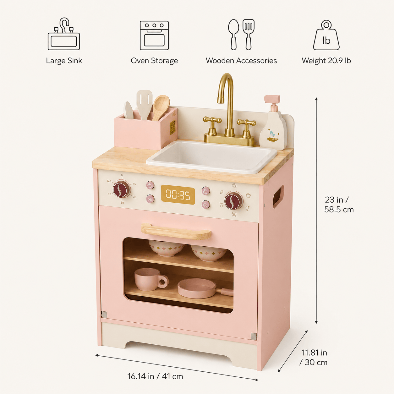 Kids Wooden Play Kitchen Full Set Pink Montessori & Toys
