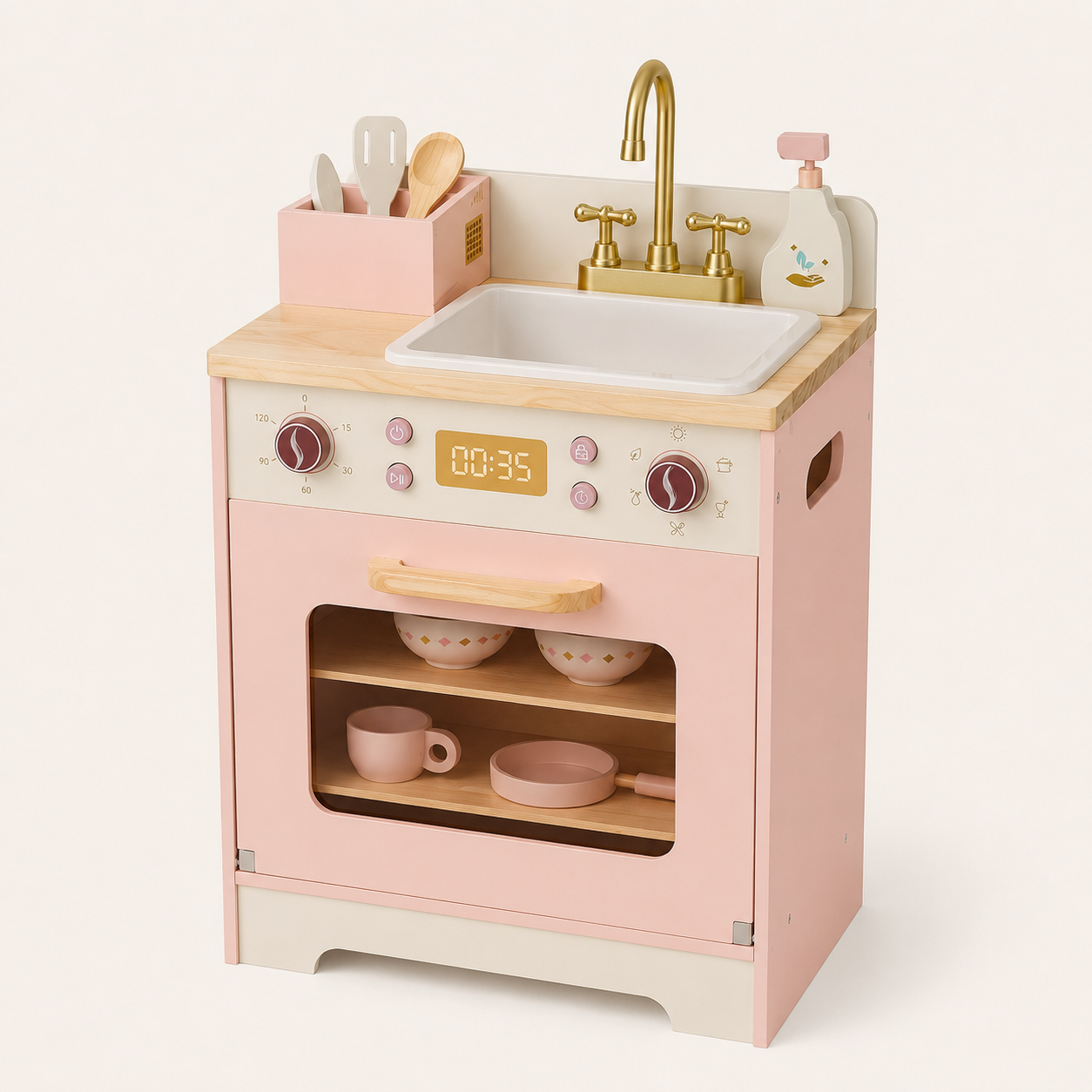 Kids Wooden Play Kitchen Full Set Pink Montessori & Toys