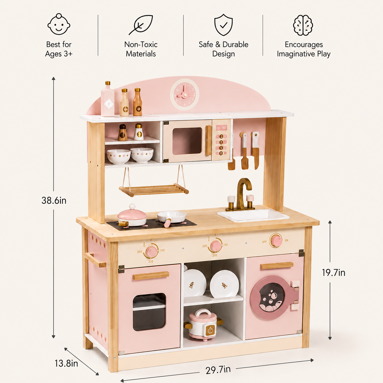 Kids Wooden Play Kitchen Full Set Pink Montessori & Toys