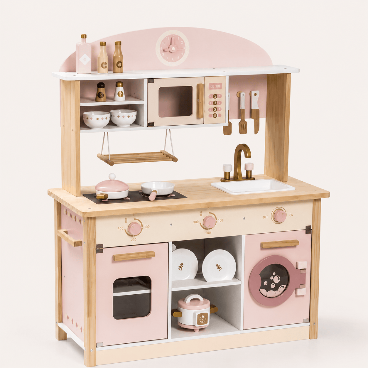 Kids Wooden Play Kitchen Full Set Pink Montessori & Toys