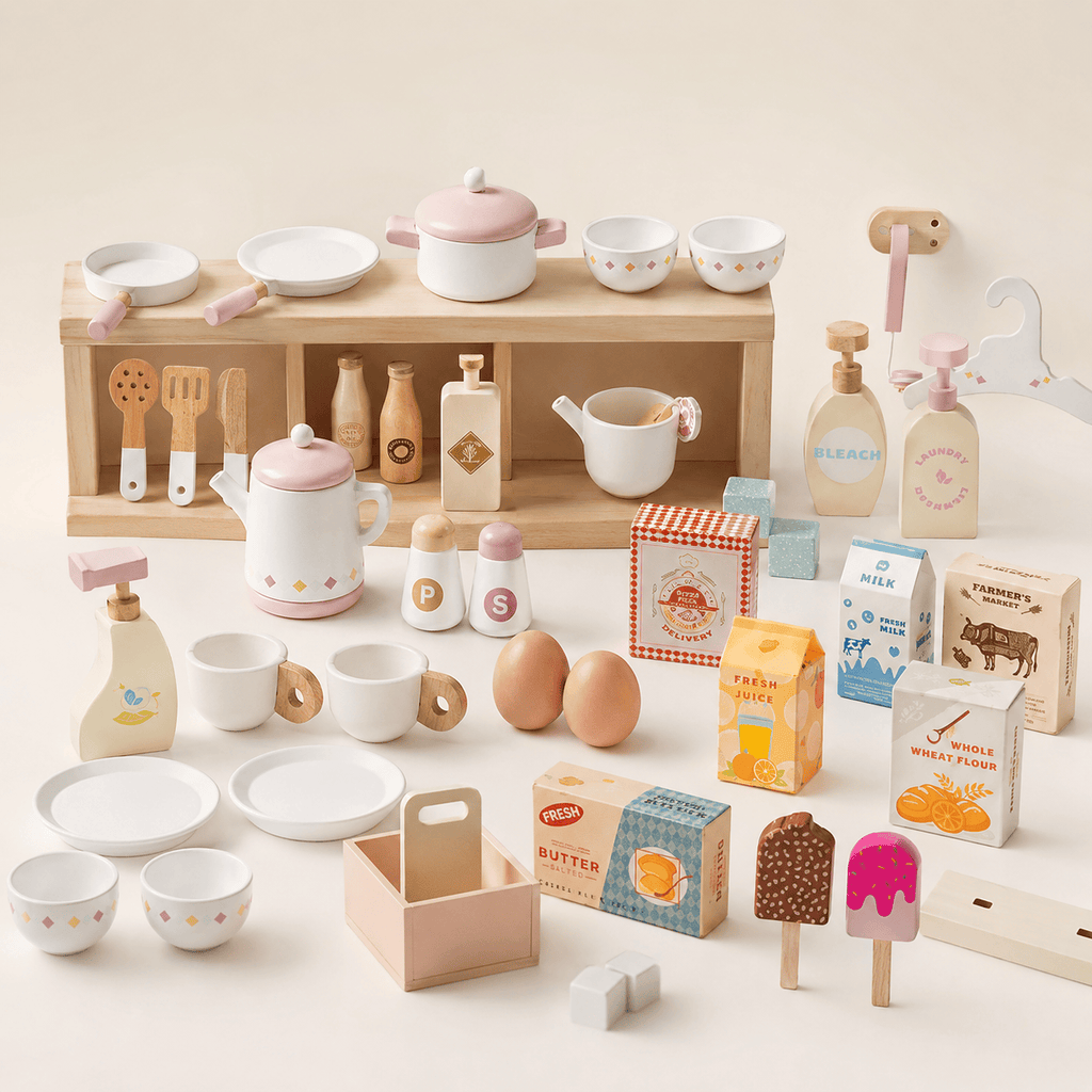 Kids Wooden Play Kitchen Full Set Pink Montessori & Toys