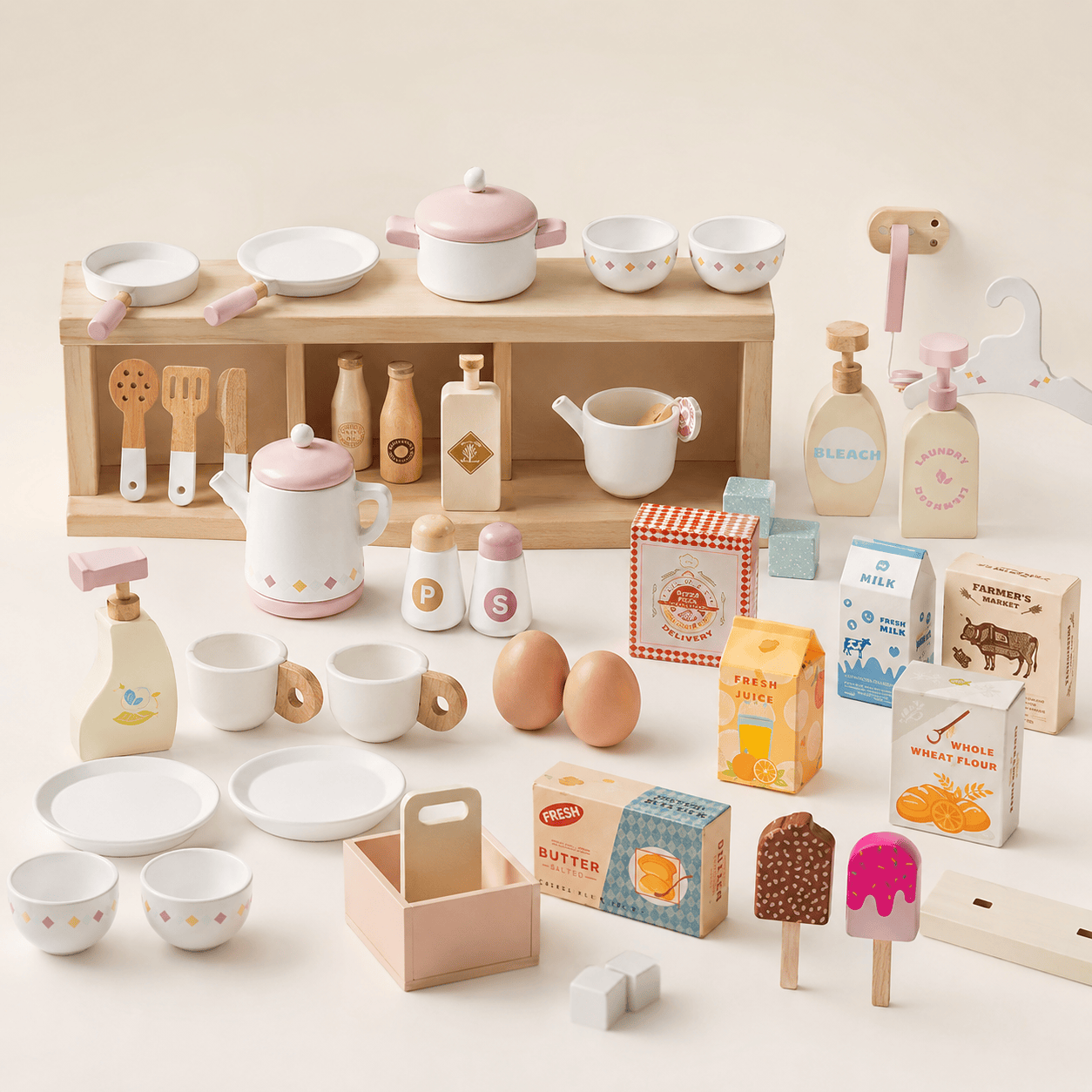 Kids Wooden Play Kitchen Full Set Pink Montessori & Toys