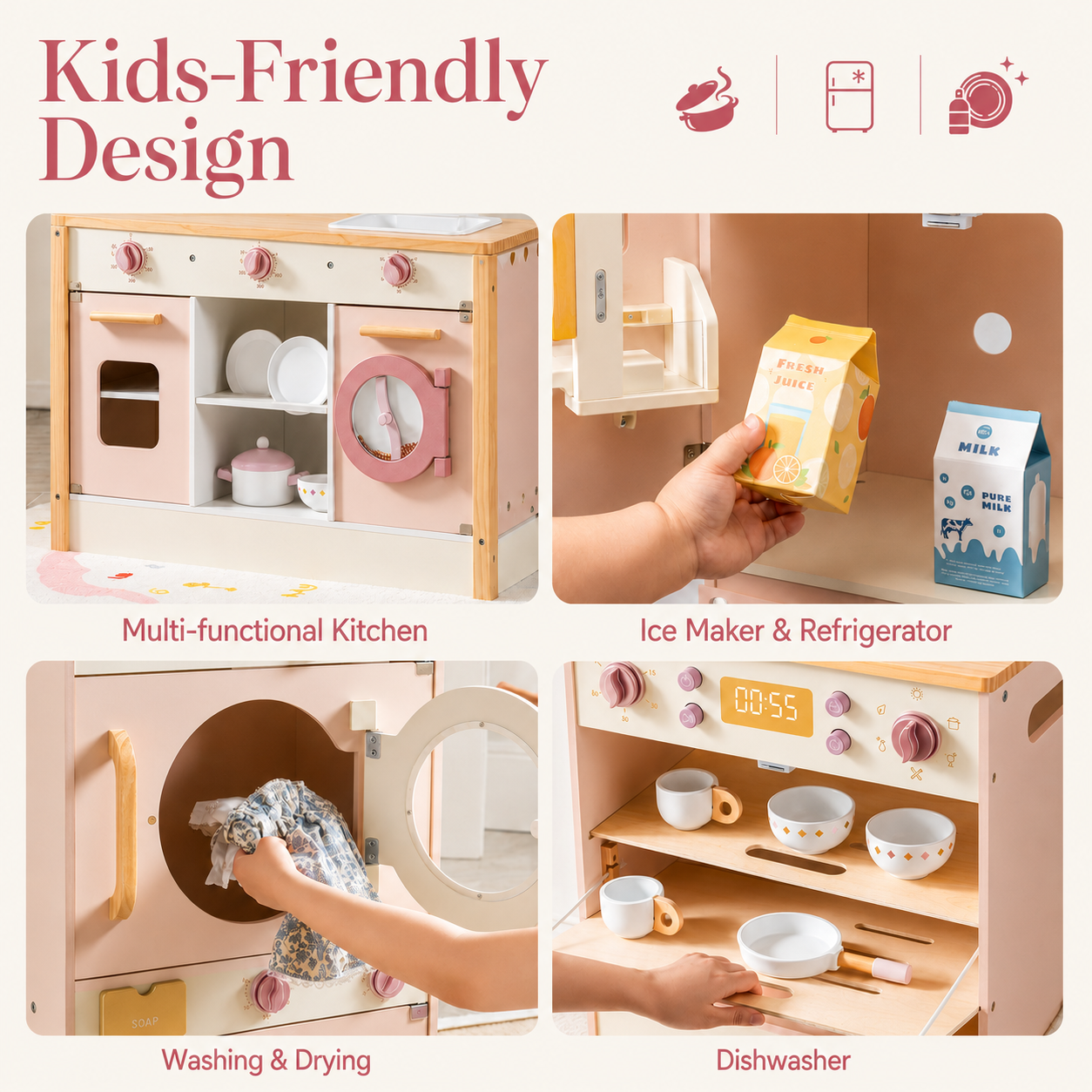 Kids Wooden Play Kitchen Full Set Pink Montessori & Toys