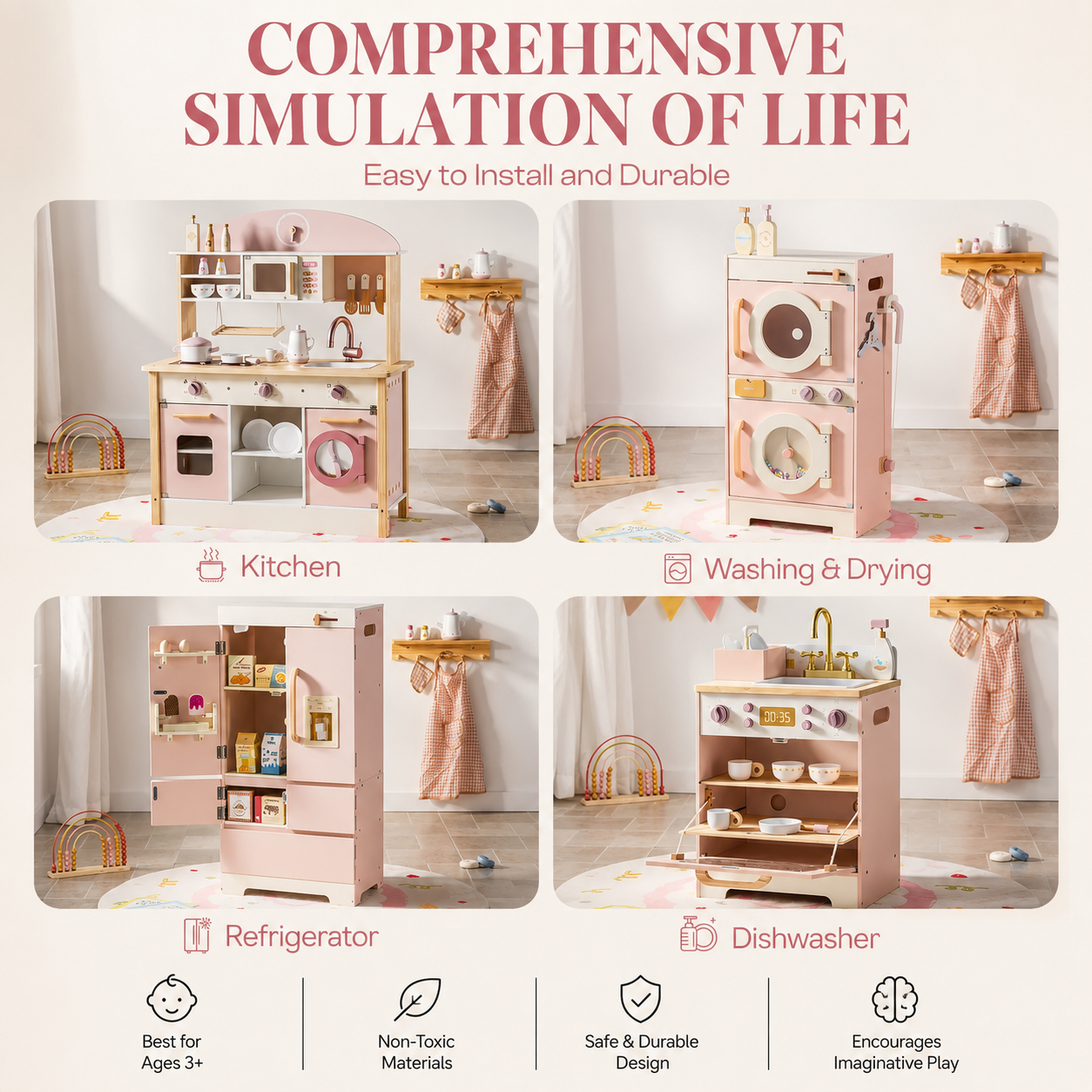 Kids Wooden Play Kitchen Full Set Pink Montessori & Toys