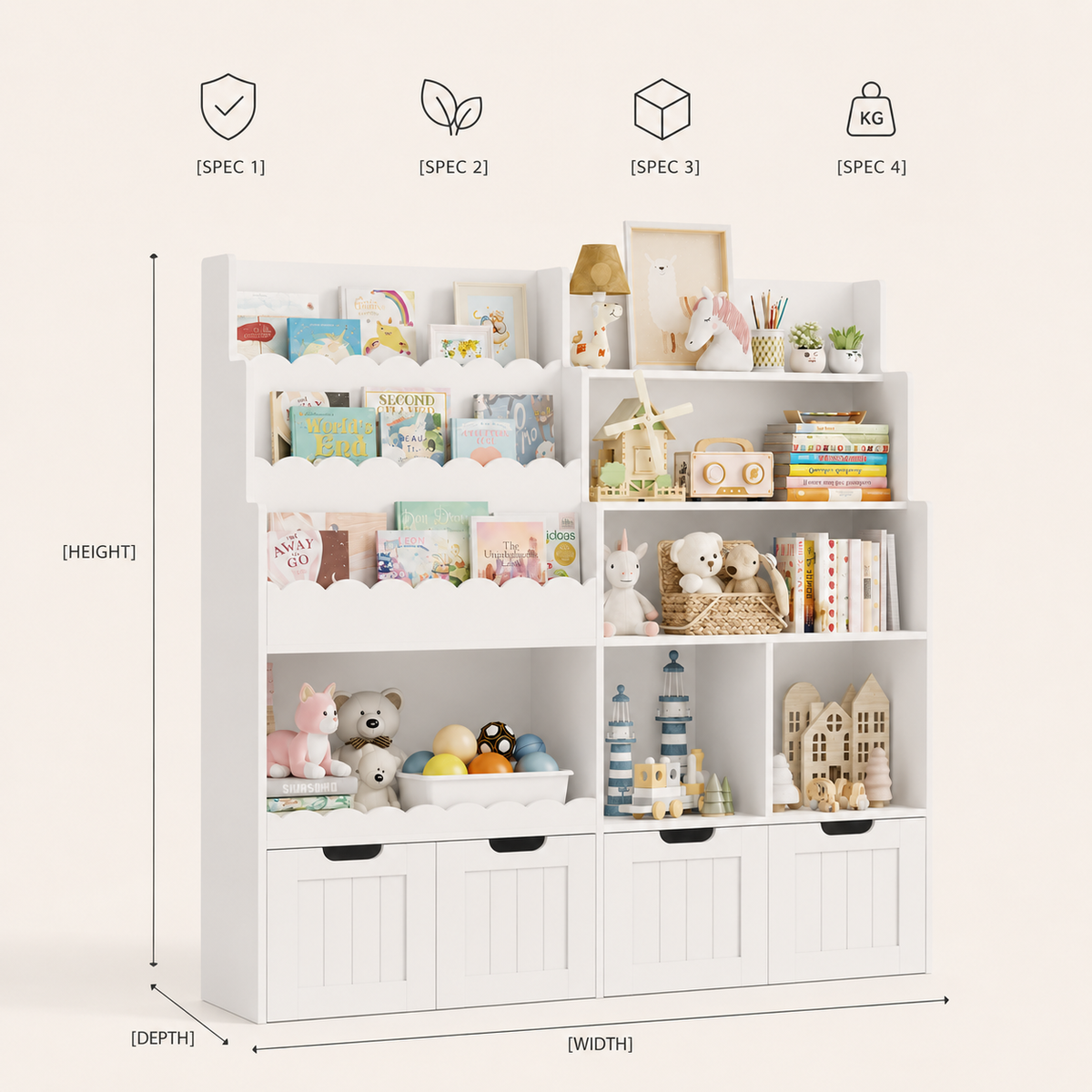 Libreria Portagiochi 4 Cassetti 6 Scomparti per Bambini Montessori & Giocattoli