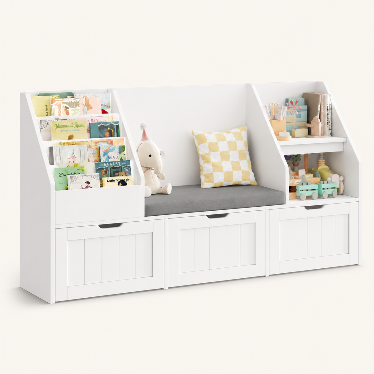 Libreria Portagiochi con Panca 3 Contenitori per Bambini Montessori & Giocattoli