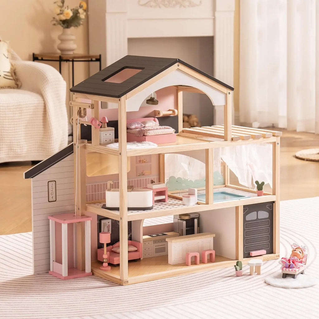 Wooden Dollhouse with Furniture Set for Kids Montessori & Toys
