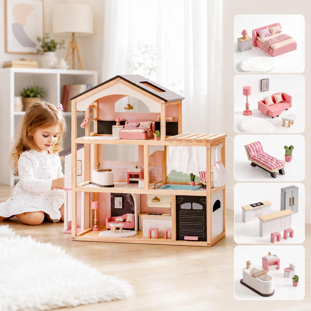 Wooden Dollhouse with Furniture Set for Kids Montessori & Toys