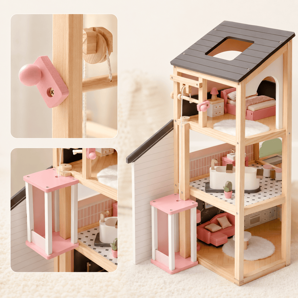 Wooden Dollhouse with Furniture Set for Kids Montessori & Toys