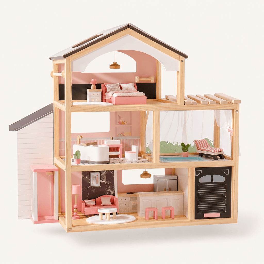 Wooden Dollhouse with Furniture Set for Kids Montessori & Toys