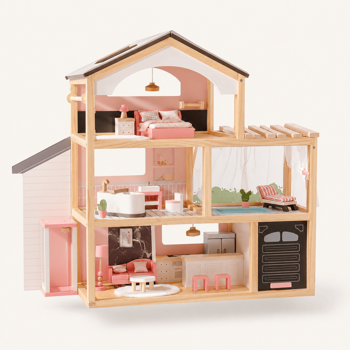 Wooden Dollhouse with Furniture Set for Kids Montessori & Toys