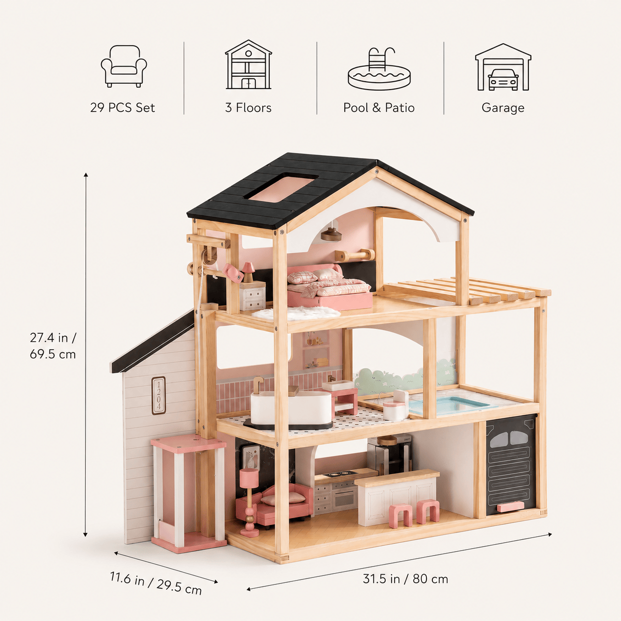 Wooden Dollhouse with Furniture Set for Kids Montessori & Toys