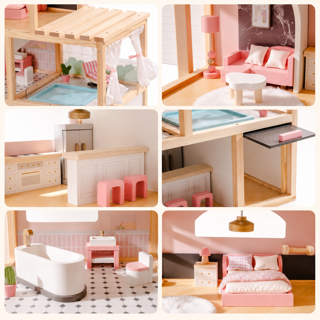 Wooden Dollhouse with Furniture Set for Kids Montessori & Toys