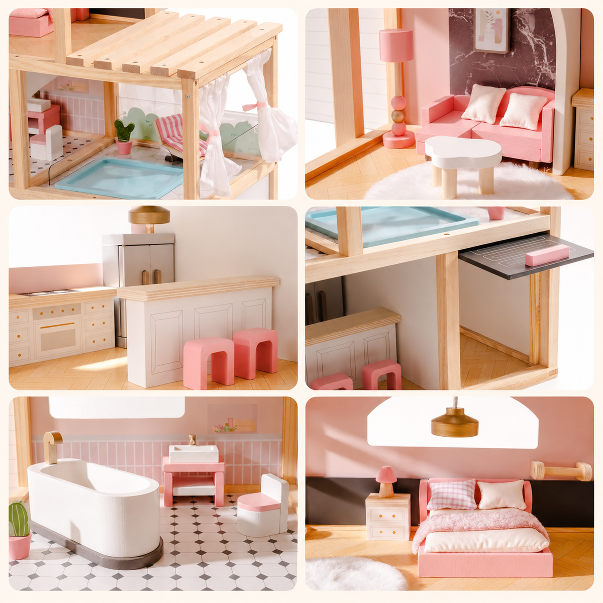 Wooden Dollhouse with Furniture Set for Kids Montessori & Toys