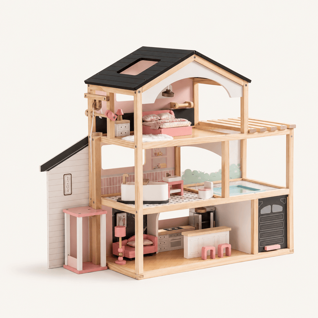 Wooden Dollhouse with Furniture Set for Kids Montessori & Toys
