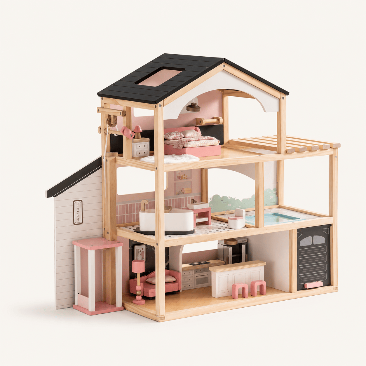 Wooden Dollhouse with Furniture Set for Kids Montessori & Toys