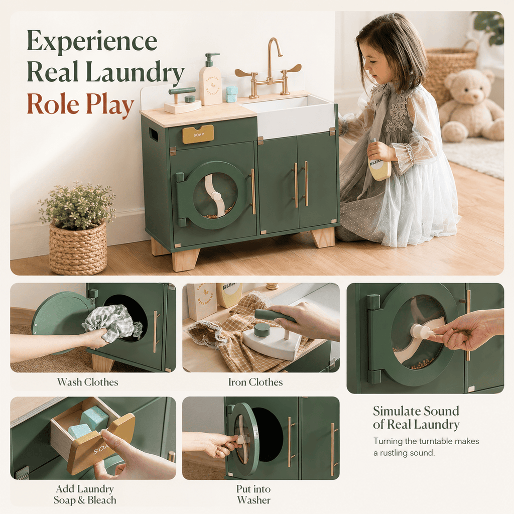Wooden Toy Washer Dryer Kids Pretend Play Montessori & Toys
